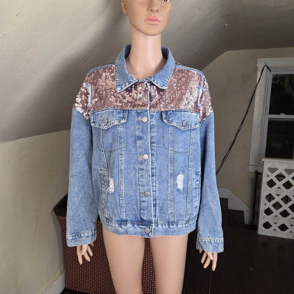 PINKYOTTO Denim Jacket‎  Large Sequin Embellished Distressed Blue Jean Jacket